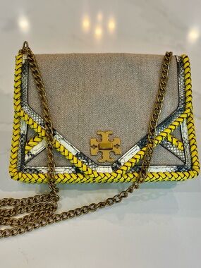 Tory Burch Canvas Crossbody with Yellow Braided Trim and Gold Hardware